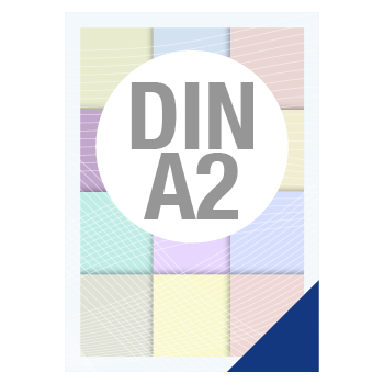 Eine einfache Grafik aus bunten Quadraten mit Angabe der Artikelgröße, die symbolisch für den Artikel „Poster“ steht.